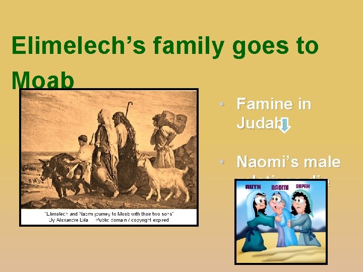 Elimelech’s family goes to Moab • Famine in Judah • Naomi’s male relatives die