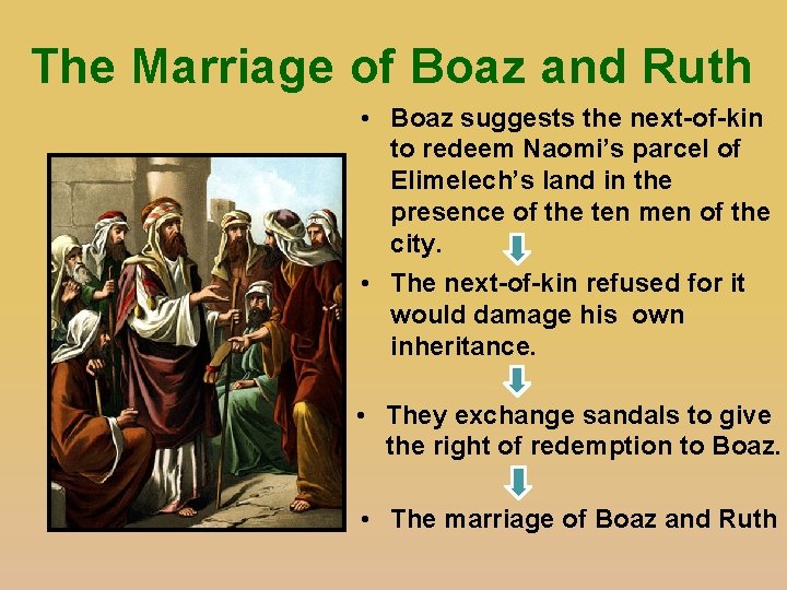 The Marriage of Boaz and Ruth • Boaz suggests the next-of-kin to redeem Naomi’s