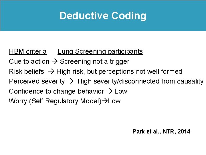 Deductive Coding HBM criteria Lung Screening participants Cue to action Screening not a trigger