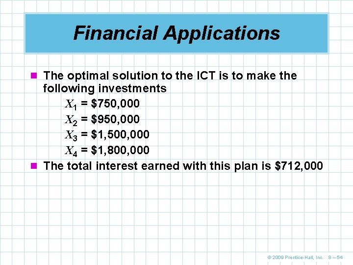 Financial Applications n The optimal solution to the ICT is to make the following