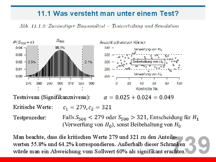 11. 1 Was versteht man unter einem Test? Testniveau (Signifikanzniveau): Kritische Werte: Testprozedur: 739