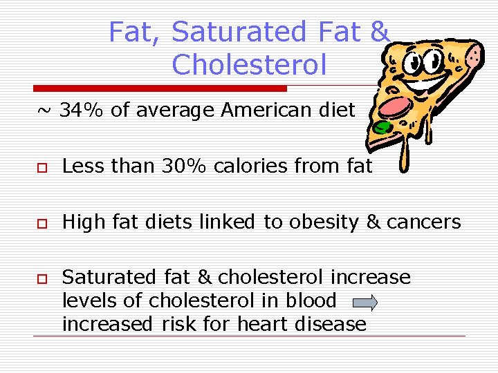 Fat, Saturated Fat & Cholesterol ~ 34% of average American diet o Less than Fat, Saturated Fat & Cholesterol ~ 34% of average American diet o Less than