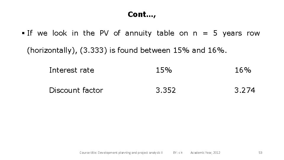 Cont…, § If we look in the PV of annuity table on n =