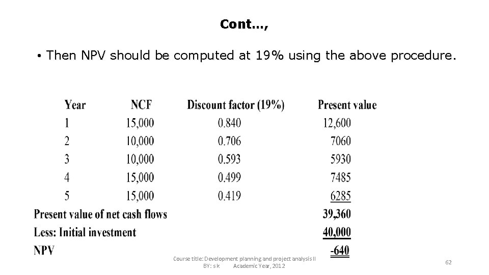 Cont…, • Then NPV should be computed at 19% using the above procedure. Course