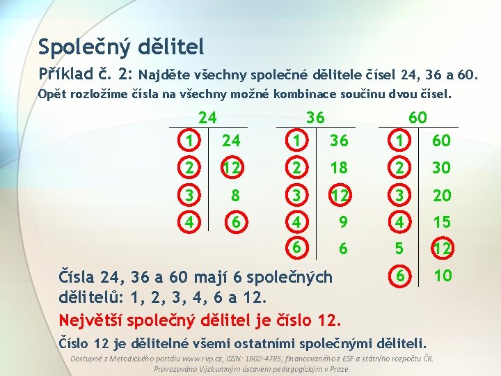 Společný dělitel Příklad č. 2: Najděte všechny společné dělitele čísel 24, 36 a 60.