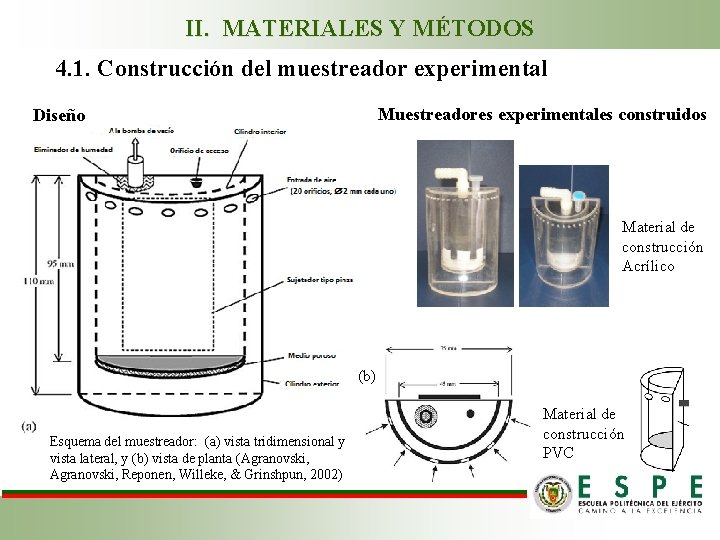 II. MATERIALES Y MÉTODOS 4. 1. Construcción del muestreador experimental Muestreadores experimentales construidos Diseño