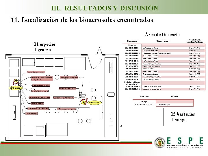 III. RESULTADOS Y DISCUSIÓN 11. Localización de los bioaerosoles encontrados Área de Docencia 11