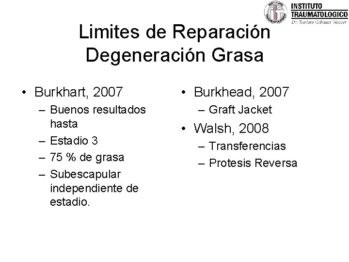 Limites de Reparación Degeneración Grasa • Burkhart, 2007 – Buenos resultados hasta – Estadio