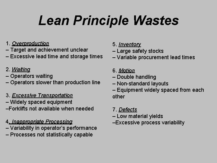 Lean Principle Wastes 1. Overproduction – Target and achievement unclear – Excessive lead time