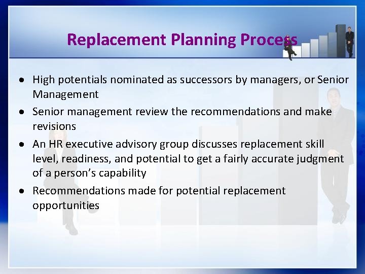 Replacement Planning Process High potentials nominated as successors by managers, or Senior Management Senior