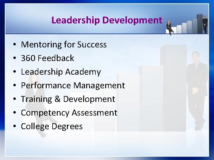 Leadership Development • • Mentoring for Success 360 Feedback Leadership Academy Performance Management Training