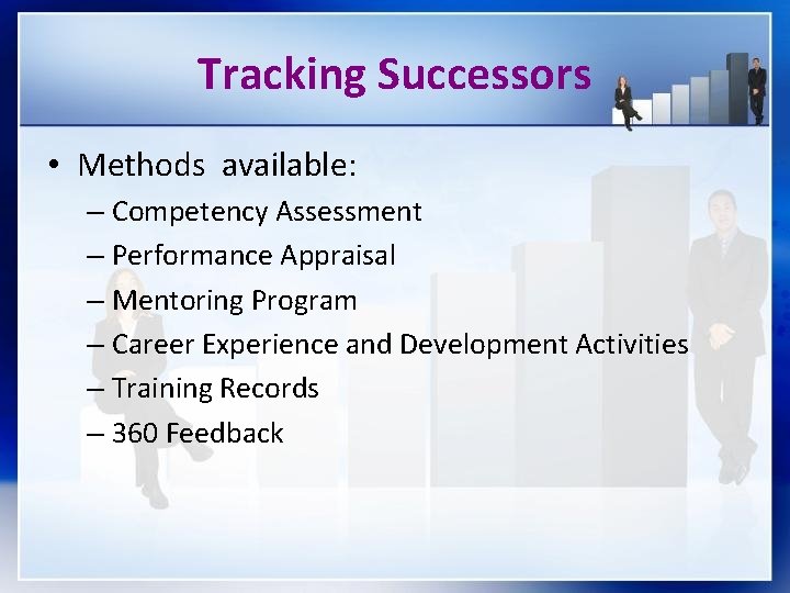 Tracking Successors • Methods available: – Competency Assessment – Performance Appraisal – Mentoring Program
