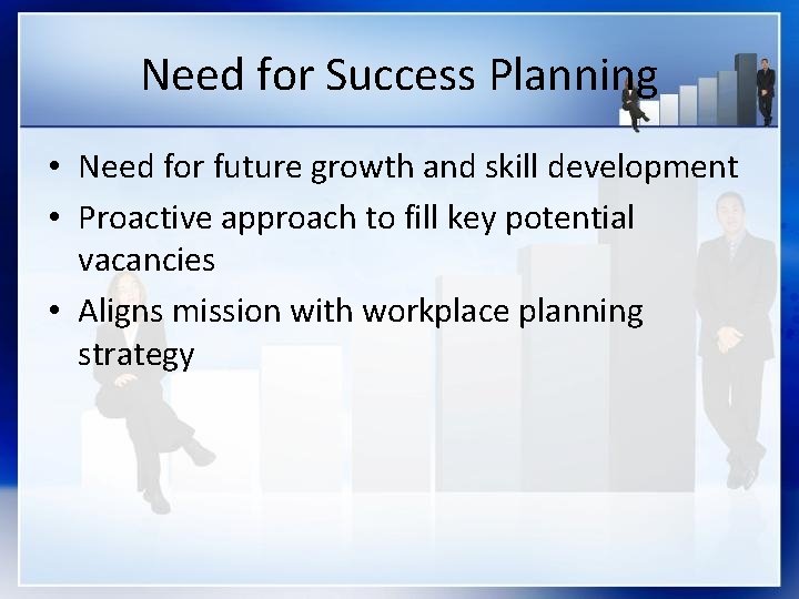 Need for Success Planning • Need for future growth and skill development • Proactive