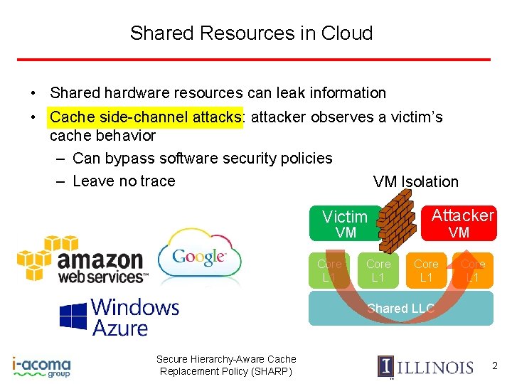 Shared Resources in Cloud • Shared hardware resources can leak information • Cache side-channel