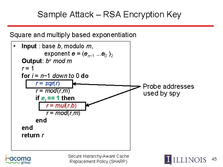 Sample Attack – RSA Encryption Key Square and multiply based exponentiation • Input :