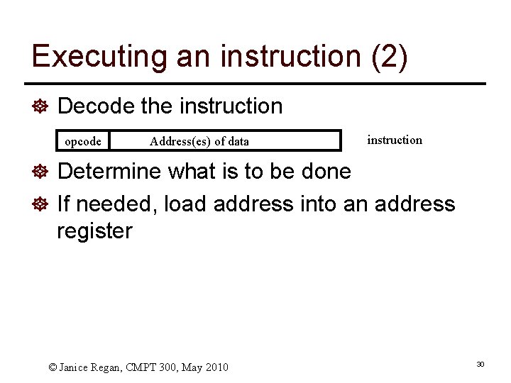 Executing an instruction (2) ] Decode the instruction opcode Address(es) of data instruction ]