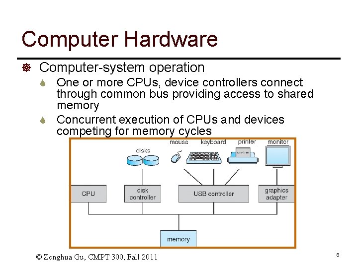 Computer Hardware ] Computer-system operation S One or more CPUs, device controllers connect through