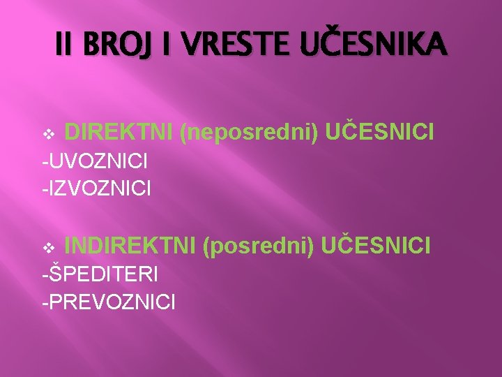 II BROJ I VRESTE UČESNIKA v DIREKTNI (neposredni) UČESNICI -UVOZNICI -IZVOZNICI v INDIREKTNI (posredni)