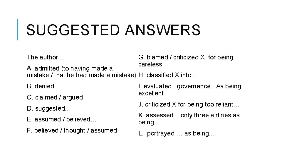 SUGGESTED ANSWERS The author… G. blamed / criticized X for being careless A. admitted