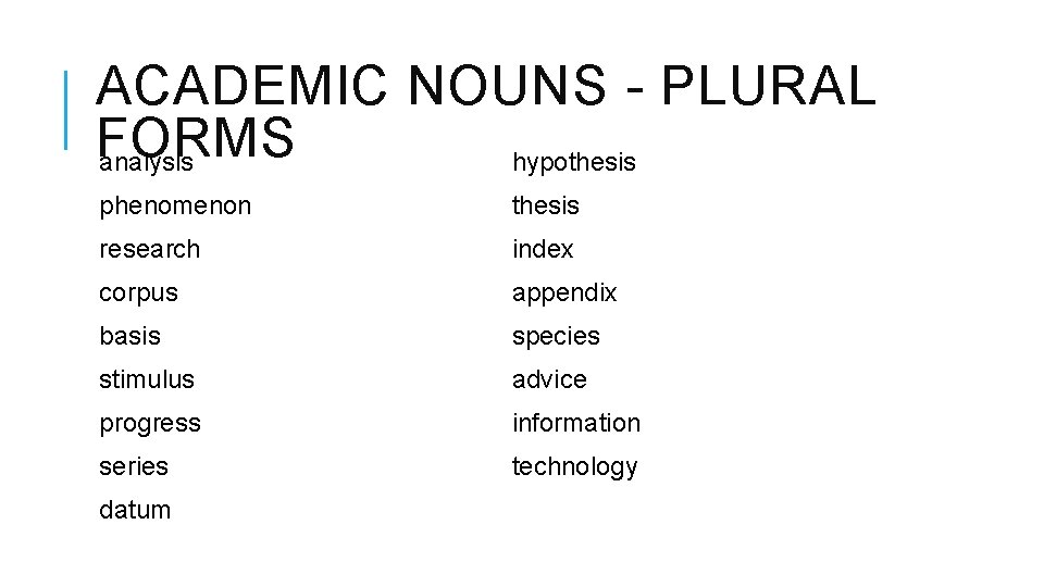 ACADEMIC NOUNS - PLURAL FORMS analysis hypothesis phenomenon thesis research index corpus appendix basis