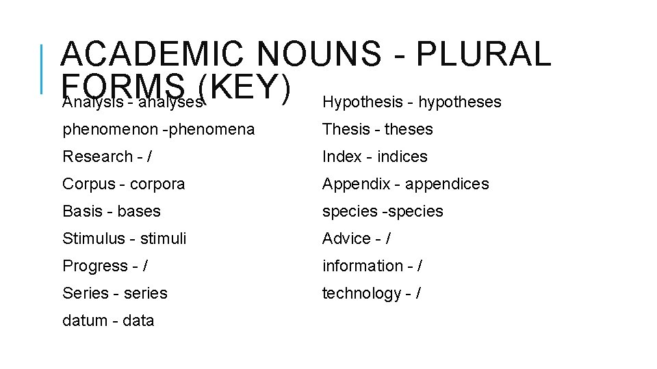 ACADEMIC NOUNS - PLURAL FORMS (KEY) Hypothesis - hypotheses Analysis - analyses phenomenon -phenomena