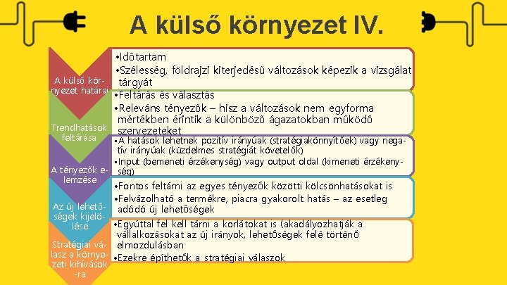 A külső környezet IV. • Időtartam • Szélesség, földrajzi kiterjedésű változások képezik a vizsgálat