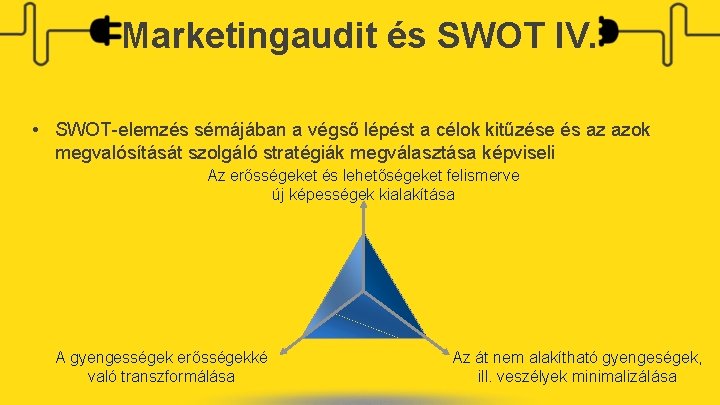 Marketingaudit és SWOT IV. • SWOT-elemzés sémájában a végső lépést a célok kitűzése és