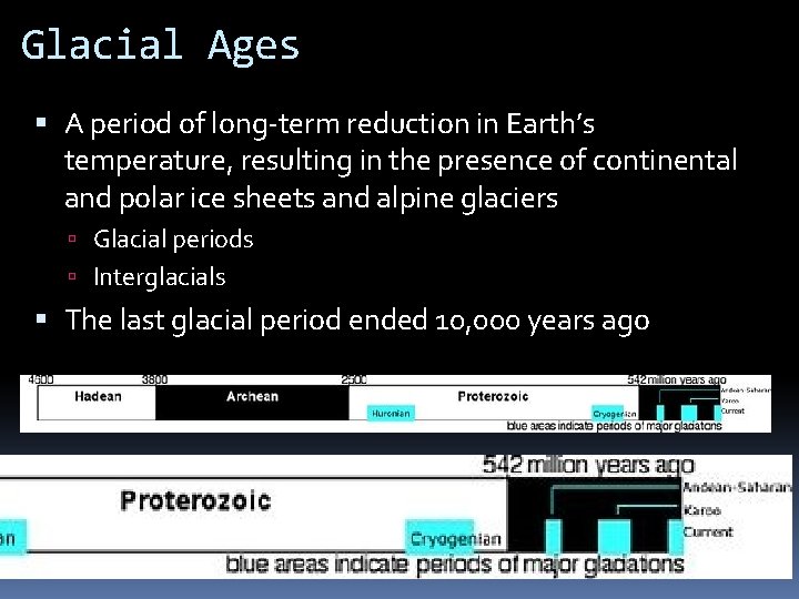 Glacial Ages A period of long-term reduction in Earth’s temperature, resulting in the presence