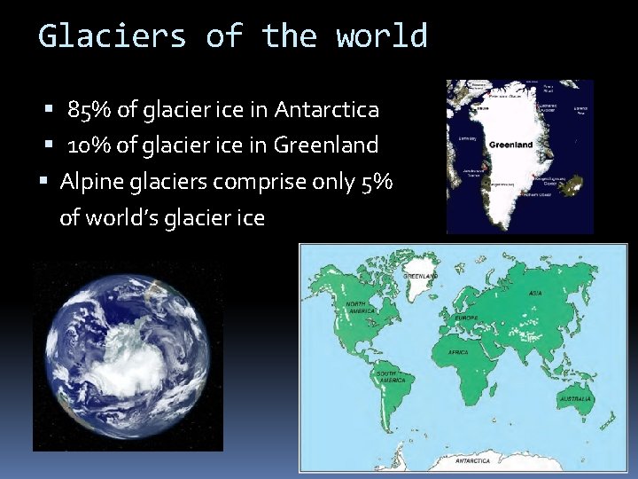 Glaciers of the world 85% of glacier ice in Antarctica 10% of glacier ice