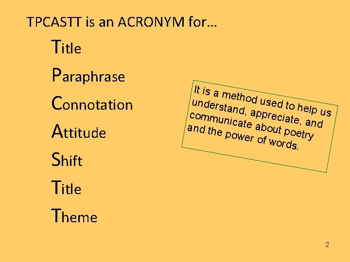 TPCASTT is an ACRONYM for… Title Paraphrase Connotation Attitude Shift Title Theme It is