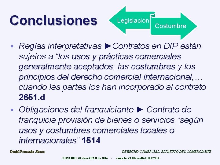 Conclusiones Legislación Costumbre Reglas interpretativas ►Contratos en DIP están sujetos a “los usos y