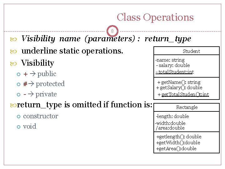 Class Operations 8 Visibility name (parameters) : return_type underline static operations. Visibility + public