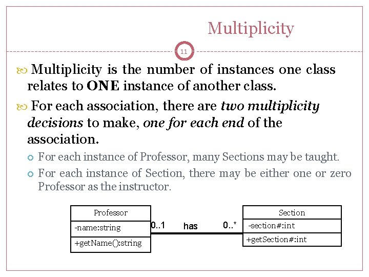 Multiplicity 11 Multiplicity is the number of instances one class relates to ONE instance