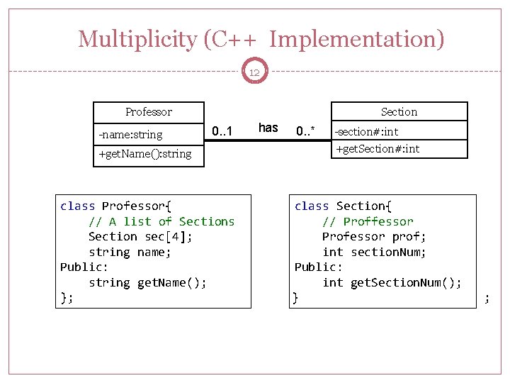 Multiplicity (C++ Implementation) 12 Professor -name: string Section 0. . 1 has 0. .