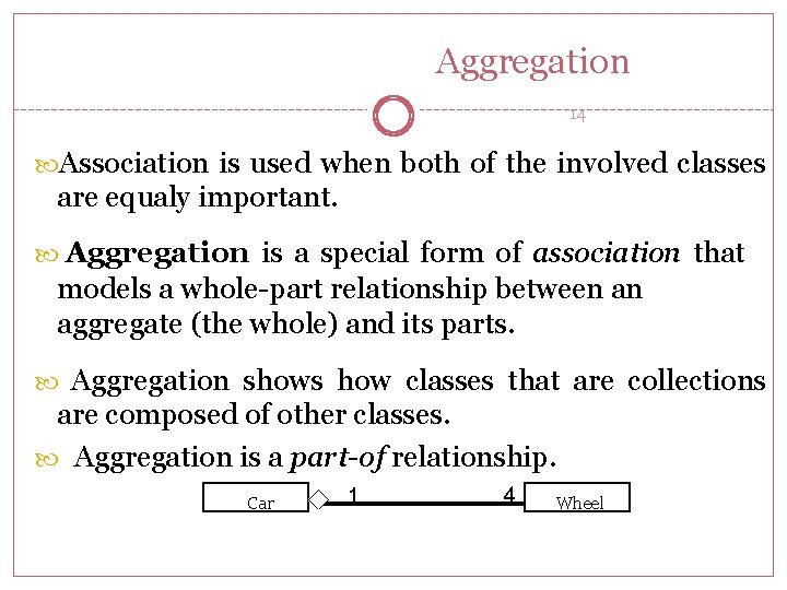 Aggregation 14 Association is used when both of the involved classes are equaly important.