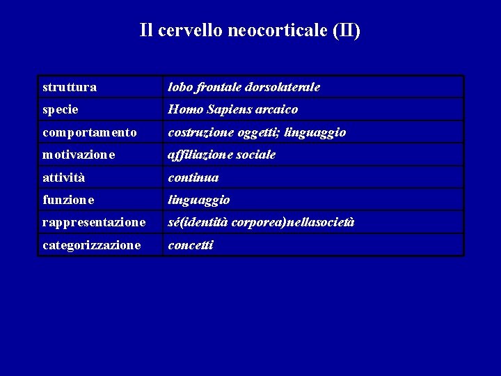 Il cervello neocorticale (II) struttura lobo frontale dorsolaterale specie Homo Sapiens arcaico comportamento costruzione