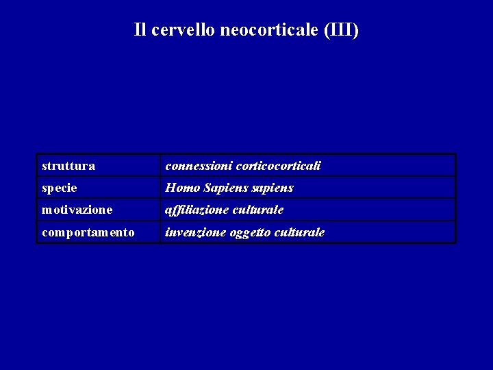 Il cervello neocorticale (III) struttura connessioni corticocorticali specie Homo Sapiens sapiens motivazione affiliazione culturale