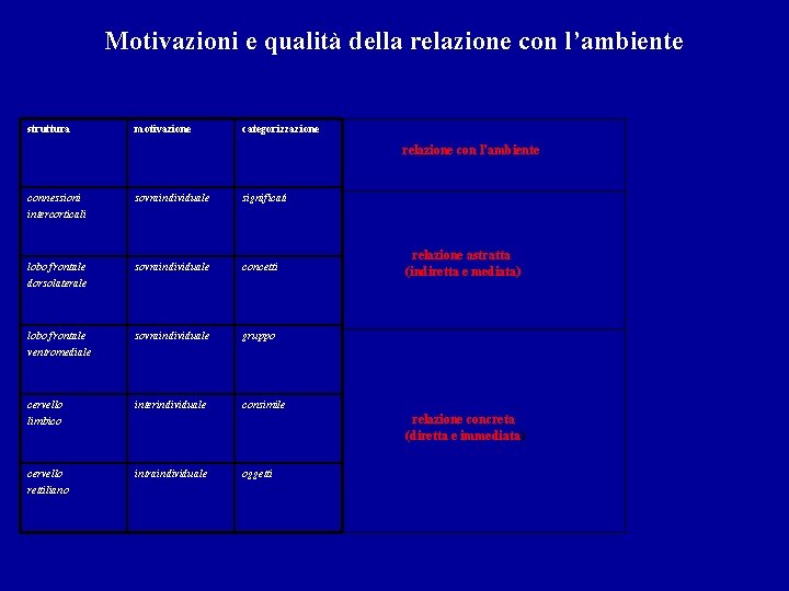 Motivazioni e qualità della relazione con l’ambiente struttura motivazione categorizzazione relazione con l’ambiente connessioni