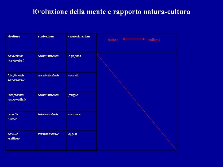 Evoluzione della mente e rapporto natura-cultura struttura motivazione categorizzazione connessioni intercorticali sovraindividuale significati lobo