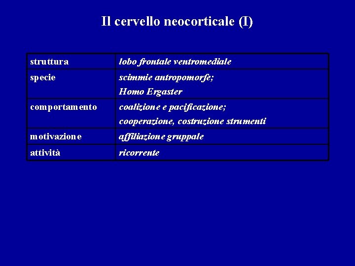 Il cervello neocorticale (I) struttura lobo frontale ventromediale specie scimmie antropomorfe; Homo Ergaster comportamento