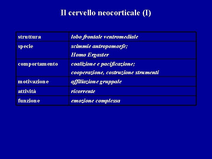 Il cervello neocorticale (I) struttura lobo frontale ventromediale specie scimmie antropomorfe; Homo Ergaster comportamento