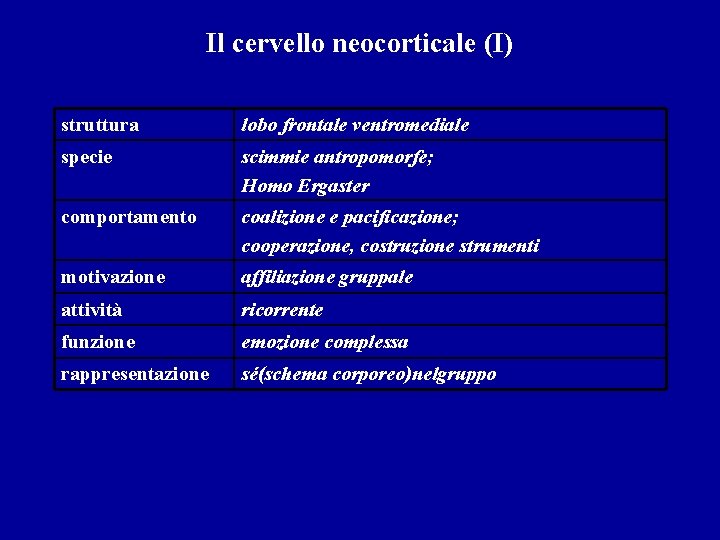 Il cervello neocorticale (I) struttura lobo frontale ventromediale specie scimmie antropomorfe; Homo Ergaster comportamento