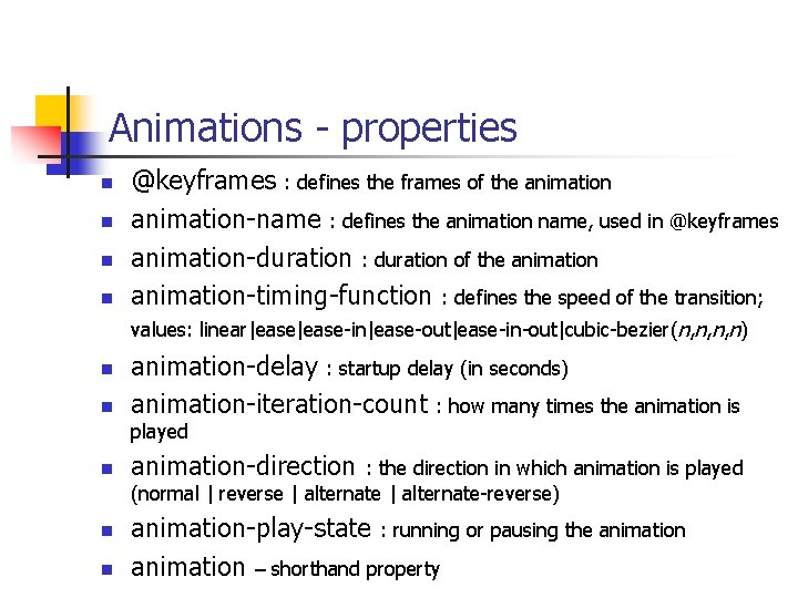 Animations - properties n n @keyframes : defines the frames of the animation-name :