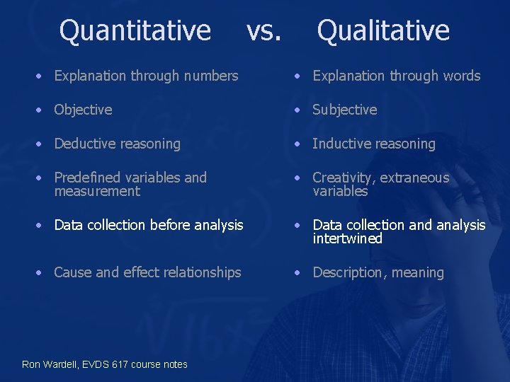 Quantitative vs. Qualitative • Explanation through numbers • Explanation through words • Objective •