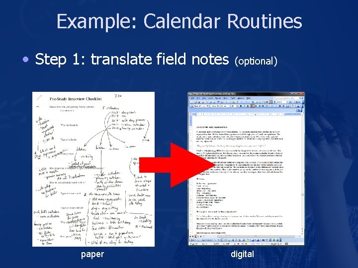 Example: Calendar Routines • Step 1: translate field notes paper (optional) digital 