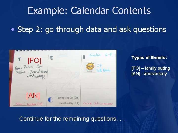Example: Calendar Contents • Step 2: go through data and ask questions [FO] Types