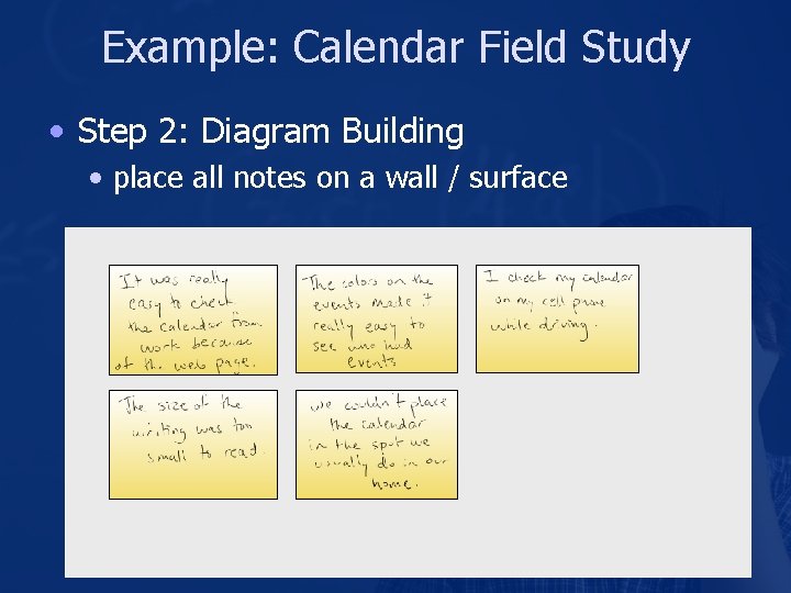 Example: Calendar Field Study • Step 2: Diagram Building • place all notes on