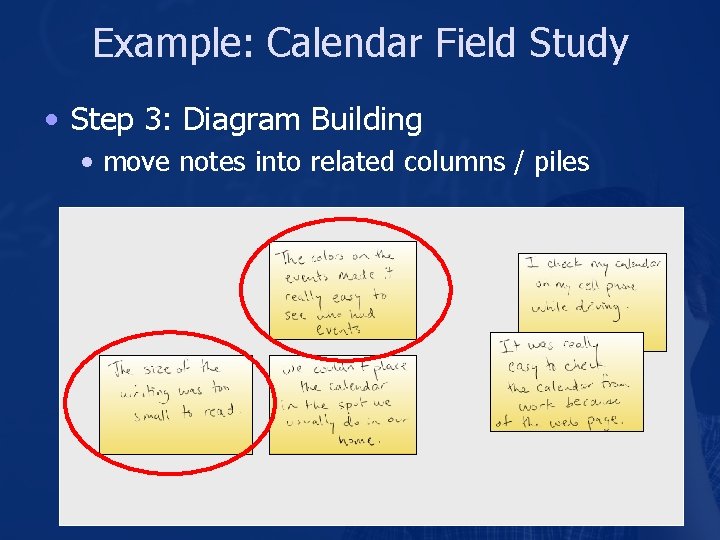 Example: Calendar Field Study • Step 3: Diagram Building • move notes into related