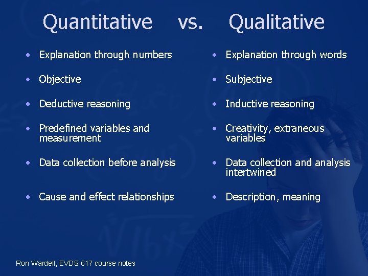 Quantitative vs. Qualitative • Explanation through numbers • Explanation through words • Objective •