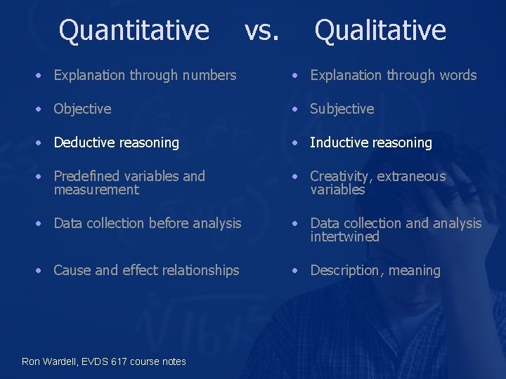 Quantitative vs. Qualitative • Explanation through numbers • Explanation through words • Objective •